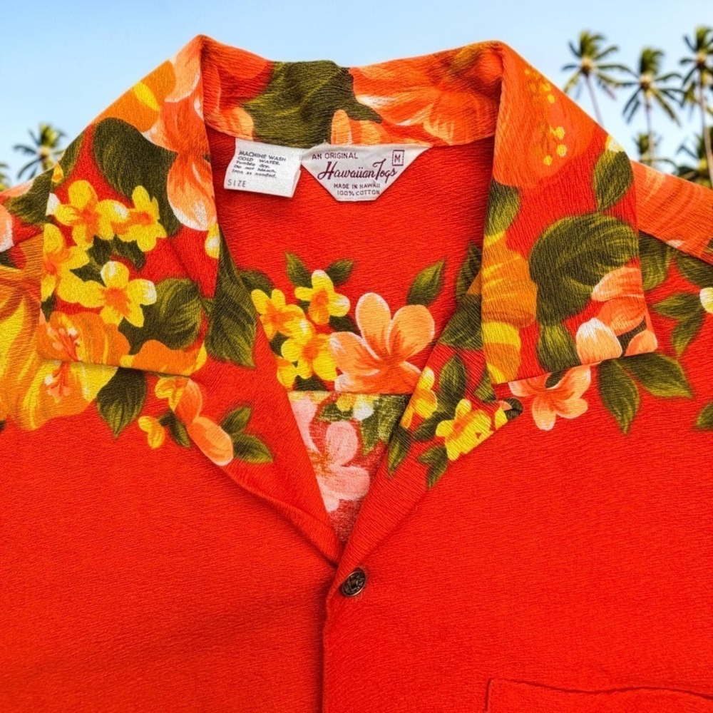 Vtg Kolekole Hawaiian Camp Shirt Button Up Size Med Orange Floral Made in Hawaii